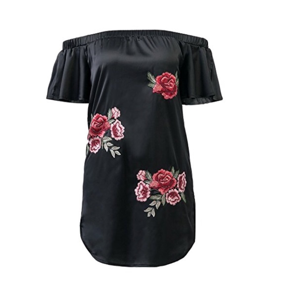 Black Off Shoulder Floral Print Black Mini Dress - Picture 4 of 7